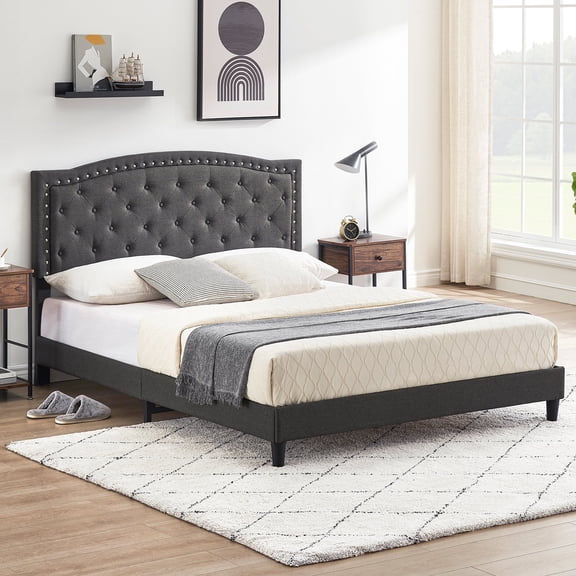 Senfot Queen Platform Bed Frame with Upholstered Headboard, Wingback, Button Tufted Design, Easy Assembly, Dark Grey, No Box Spring Needed