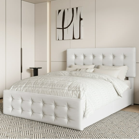 Senfot Queen Size Bed Frame with 4 Storage Drawers and Headboard, Linen Upholstered Platform Bed Frame with Wooden Slats Support, No Box Spring Needed,Button Tufted Design,Beige