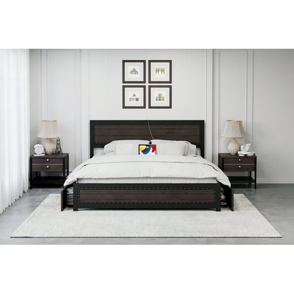 Senfot Queen Size Bed Frame with Headboard,Industrial Platform Design, Charge Station,4 Storage Drawers, Strong Metal Slats Support, Easy Installation, Noise Free, Dark Grey