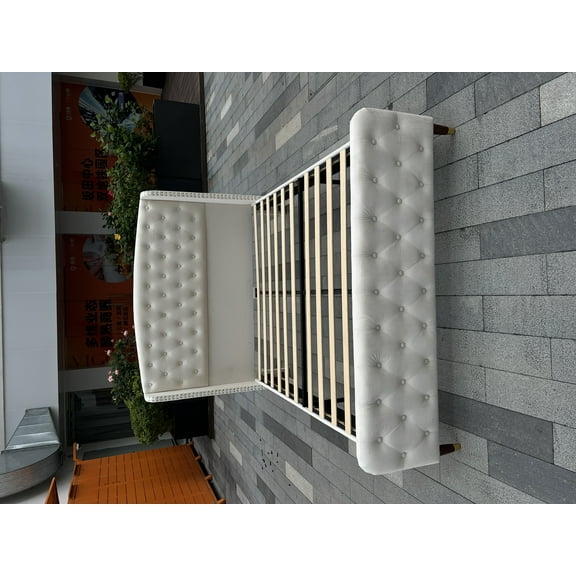 Senfot Queen Size Bed Frame with Deep Button Tufted Wingback Headboard, Velvet Upholstered Platform, No Box Spring Needed, Easy Assembly, Grey