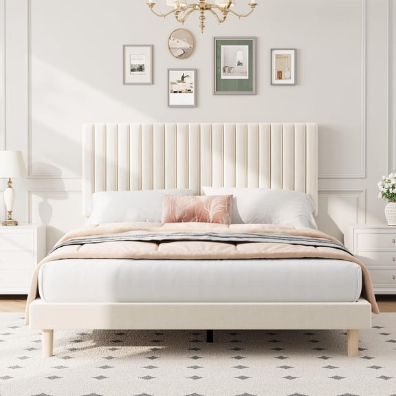 Senfot Queen Size Iron + MDF Tall Vertical Stripe Bed Frame, Beige Upholstered Bed with Modern Design, No Box Spring Needed, Sturdy Construction for Bedroom