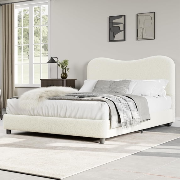 Senfot Queen Size Platform Bed Frame, Metal Frame Twin Bed Fame with Strong Wooden Slats,Sherpa Fabric Upholstered Bed Frame with Headboard, No Box Spring Needed,No Noise Free, Beige