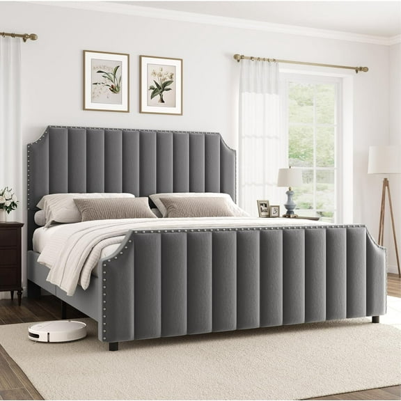 Senfot Queen Size Platform Bed Frame, Upholstered Bed Frame with Headboard and Footboard, Strong Wooden Slats Support, No Box Spring Required Queen Size Bed Frame, Light Gray