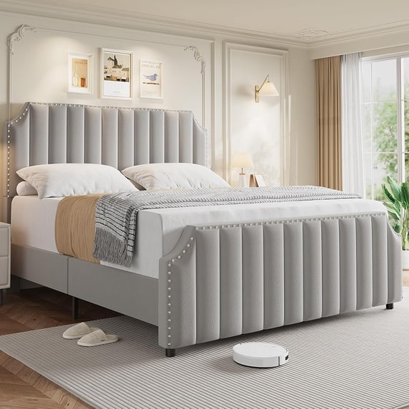 Senfot Queen Size Platform Bed Frame, Upholstered Bed Frame with Headboard and Footboard, Strong Wooden Slats Support, No Box Spring Required Queen Size Bed Frame, Light Gray