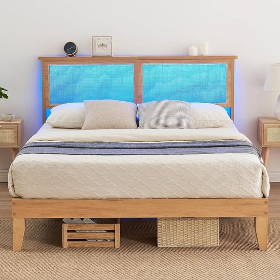 Senfot Queen Size Rattan Bed Frame with Wood Headboard & LED Lights - Sturdy Wooden Slats Platform Bed, Noise-Free Mattress Foundation, Easy Assembly,No Box Spring Needed,Wood Color