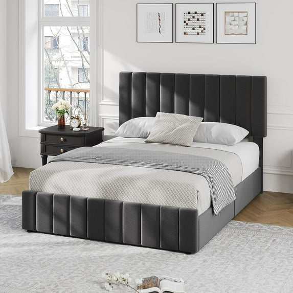 Senfot Queen Size Upholstered Bed Frame with 4 Storage Drawers, No Box Spring Needed,Adjustable Headboard and Wooden Slats Support, Gray