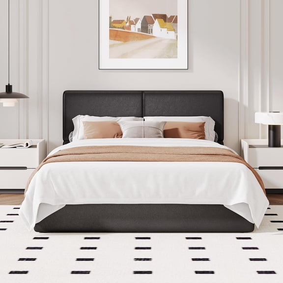 Senfot Queen Size Upholstered Bed, Soft and Cozy Black Fabric Bed Frame, Modern Design, No Box Spring Needed for Bedroom, Easy Assembly