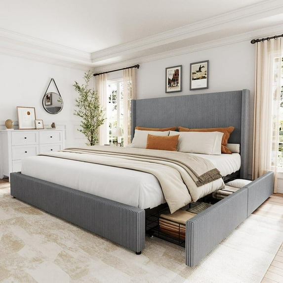Senfot Queen Size Upholstered Platform Bed Frame with Storage Drawers, Wingback Tufted Headboard & Footboard, Corduroy Fabric, No Box Spring Needed, Grey
