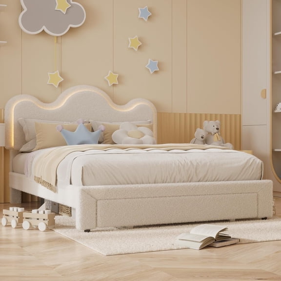 Senfot Queen Size Velvet Platform Bed Frame, Sherpa Upholstered Bed with Floral Headboard & LED Lights, Sturdy Wooden Slats, No Box Spring, Beige