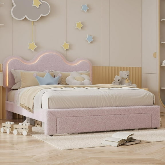 Senfot Queen Size Velvet Platform Bed Frame, Sherpa Upholstered Bed with Floral Headboard & LED Lights, Sturdy Wooden Slats, No Box Spring, Pink