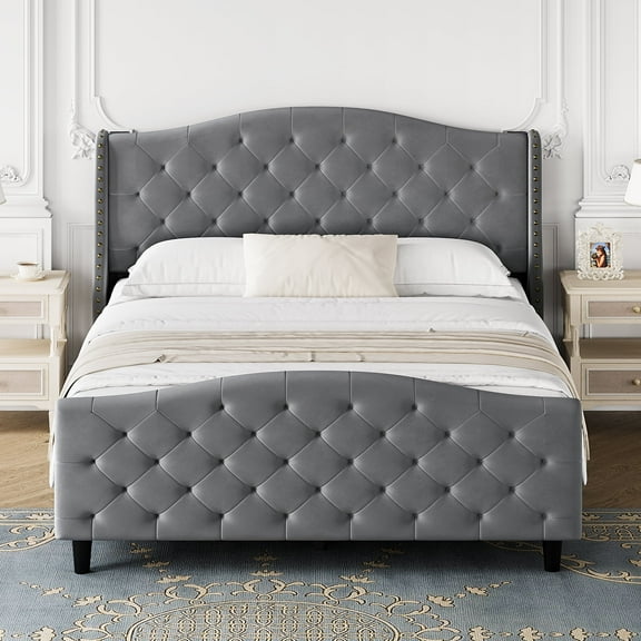 Senfot Queen Size Velvet Upholstered Platform Bed Frame with Wingback Headboard - Tufted Footboard, No Box Spring Needed, Easy Assembly, Gray