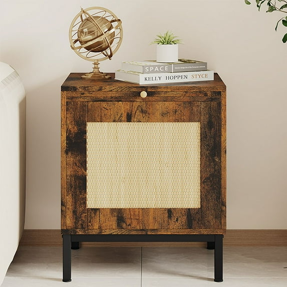 Senfot Rattan Nightstand, Wooden Bedside Table with Rattan Door, Accent End Table with Storage and Metal Legs,Pull-Out Tray, Night Stand for Bedroom, Living Room
