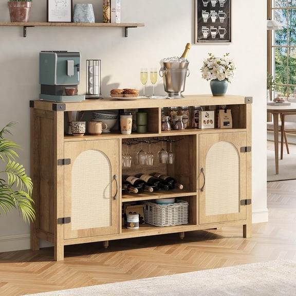 Senfot Rattan Wine Cabinet with 2 Doors, 59" Farmhouse Liquor Cabinet – Multi-Functional Storage with Wine Rack & Adjustable Shelves, Natural Wood Finish
