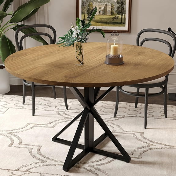 Senfot Round Wooden Dining Table for 4, 47 in Circle Table with Heavy-Duty Metal Pedestal Base, 4-Part Tabletop, Oak, for Kitchen, Dining Room, Living Room,Brown