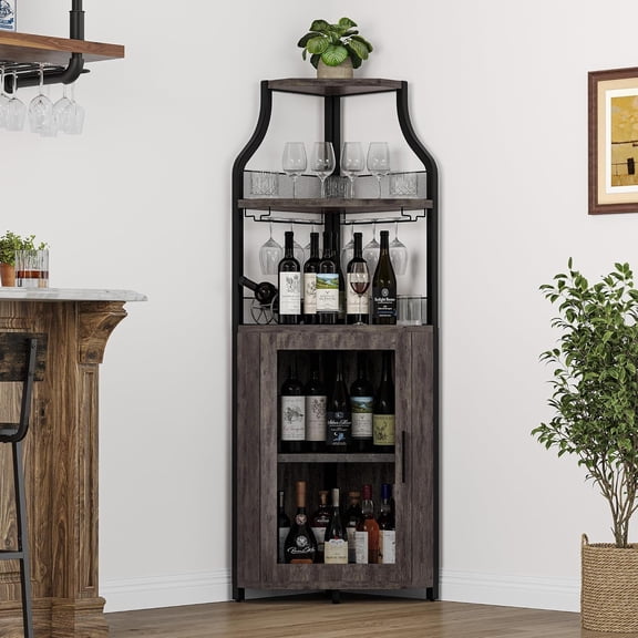 Senfot Rustic Oak Corner Bar Wine Cabinet with Mesh Door, Industrial Liquor Cabinet with Glass Holder Wine Rack for Home Kitchen Dining Room