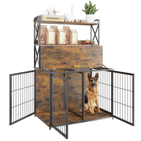 Senfot Rustic Wooden Grain Dog Crate Furniture Storage Cabinet Pet Kennel Iron Frame End Table Cage Indoor for Dogs