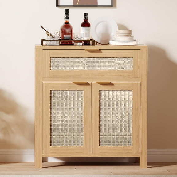 Senfot Sideboard Buffet Cabinet with Storage, Rattan Cabinet with Drawer and Door Accent with Adjustable Shelves Coffee Bar Console Table for Entryway Living Room Kitchen Natural Oak