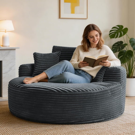 Senfot Sponge Padded Round Lounge Chair- Soft Thick Cushioned Indoor Outdoor Leisure Reclining Chair for Bedroom Living Room- Gray