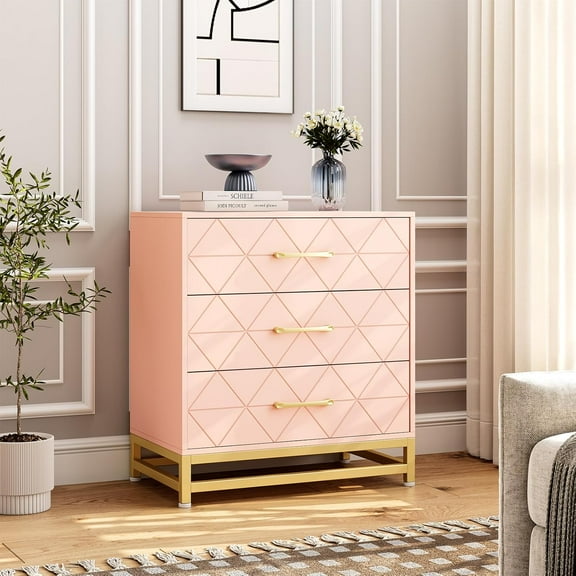 Senfot Storage Cabinet, 3 Drawer Triangle Pattern Chest - MDF + PB + Iron, Pink, Cute and Functional Storage Solution for Bedrooms