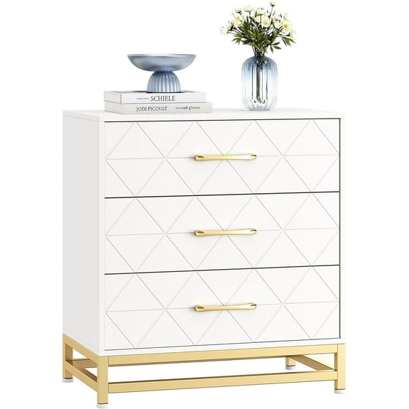 Senfot Storage Cabinet, 3 Drawer Triangle Pattern Chest - MDF + PB + Iron, White, Stylish Organizer for Small Spaces