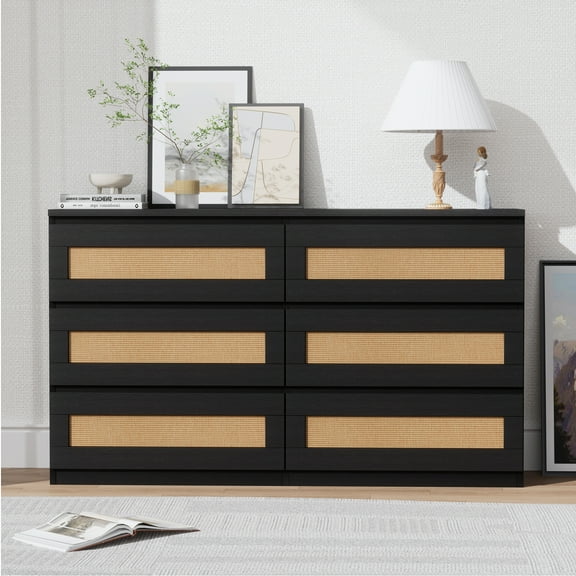Senfot Storage Cabinet, 6 Drawer Faux Wicker Chest - MDF + PB, Black, Modern Storage Solution for Bedroom, Living Room, or Office