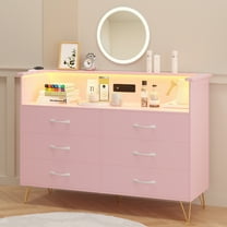 Senfot Storage Cabinet, 6 Drawer Storage Cabinet with Light & Outlet - MDF   PB   Iron, Pink, Convenient Storage for Bedroom or Living Room