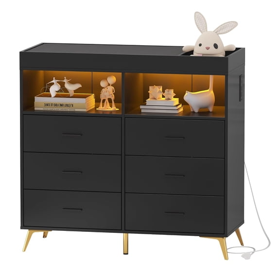 Senfot Storage Cabinet, 6 Drawer Vanity Chest with Changing Table - Black, Baby Changing Station, Stylish and Functional Storage for Bedroom