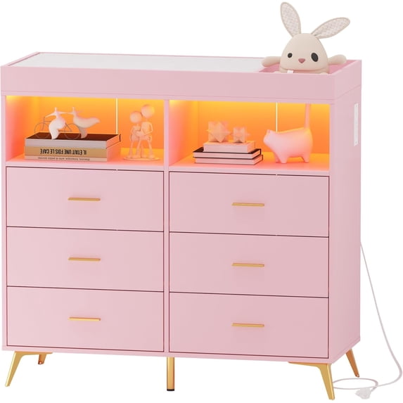 Senfot Storage Cabinet, 6 Drawer Vanity Chest with Changing Table - Pink, Multi-functional Organizer for Nursery, Bedroom, or Bathroom