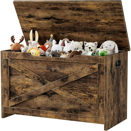 Senfot Storage Chest, 30 in x 15.78 in x 17.7 Inches,Wooden Storage Chest with Safety Hinge,Large Toy Chest for Entryway, Living Room, Bedroom, Brown