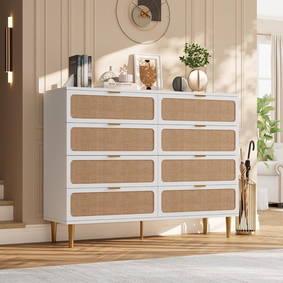 Senfot Stylish Rattan Dresser with 8 Drawers, Tall Design for Deep Storage, Large Chest of Drawers with Wide Top, Perfect for Bedroom and Living Spaces, White