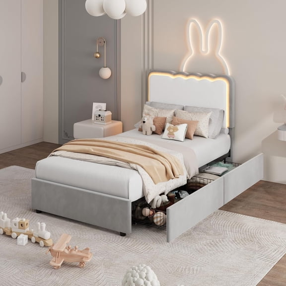 Senfot TWIN Velvet Upholstered LED Bed Frame with Storage Drawers and Adjustable Headboard, Princess Platform Bed with Heavy Duty Metal Support, No Box Spring Needed