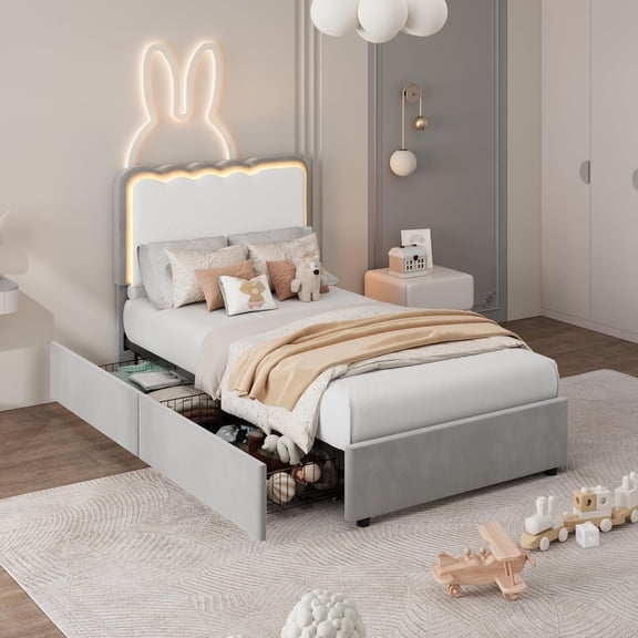 Senfot TWIN Velvet Upholstered LED Bed Frame with Storage Drawers and Adjustable Headboard, Princess Platform Bed with Heavy Duty Metal Support, No Box Spring Needed