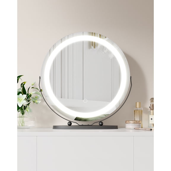 Senfot Tabletop LED Makeup Mirror, 19 Inch Round Aluminum Alloy Vanity Mirror with LED Light Strip, 3 Color Dimmable Touch Control Black