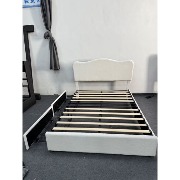 Senfot Teddy Fleece Upholstered Bed with Storage Drawers, Soft Padded Platform Bed, Comfortable Bed Frame for Bedroom Guest Room Beige Twin