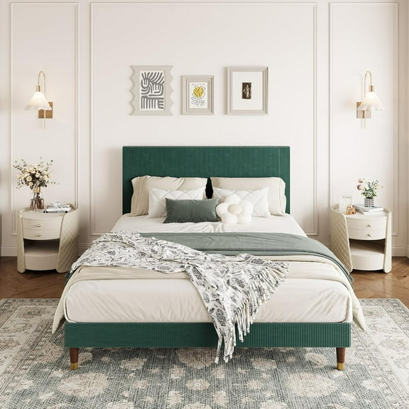 Senfot Twin Bed Frame Upholstered Platform Bed with Fabric Headboard, Non-Slip and Noise-Free, Wooden/Metal Slats Support, No Box Spring Needed, Easy Assembly, Green