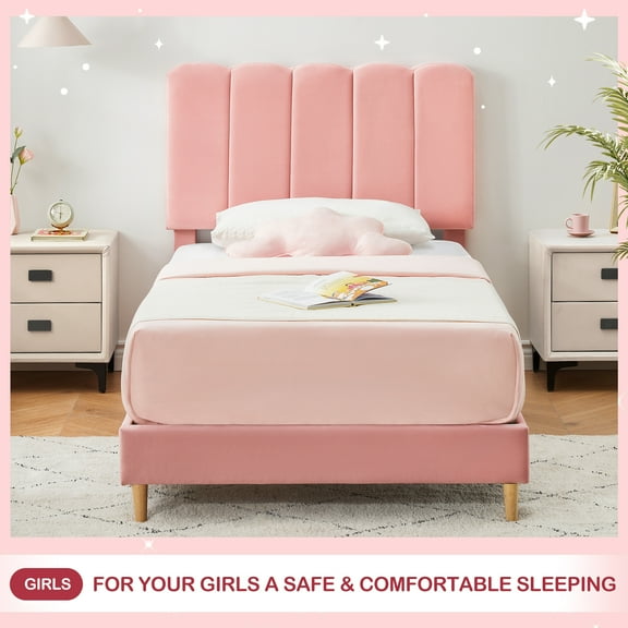 Senfot Twin Bed Frame, Velvet Upholstered Platform Bed with Wave Headboard for Girls, Easy Assembly,No Box Spring Needed, Wooden Slats Support, Pink