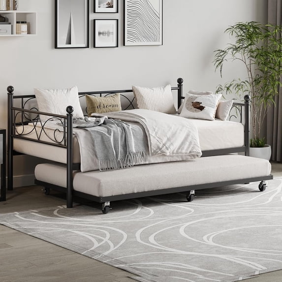 Senfot Twin Daybed Frame with Trundle, Floral Headboard, Heavy Duty Steel Slats, Pull-Out Trundle, Modern Metal Bed Frame, Black, for Guest Room or Living Room