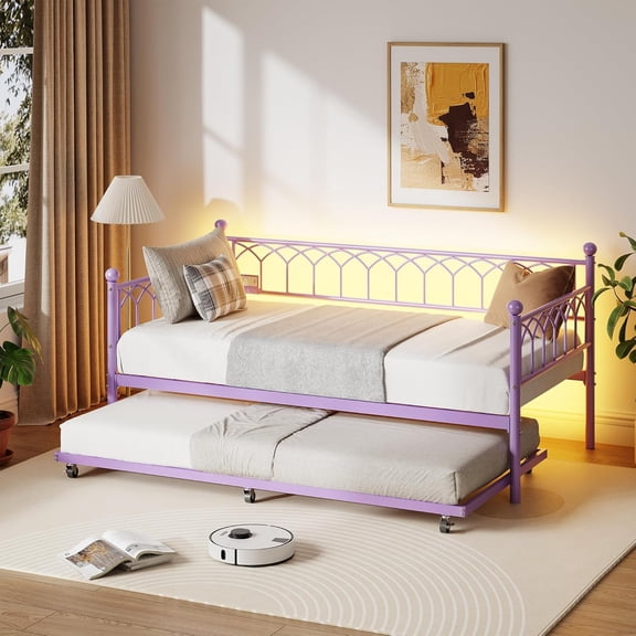 Senfot Twin Daybed with Trundle, Metal Bed with Charging Station & LED Lights, Sturdy Mattress Foundation for Living Room, Guest Room, Small Spaces, Easy Assembly, Purple