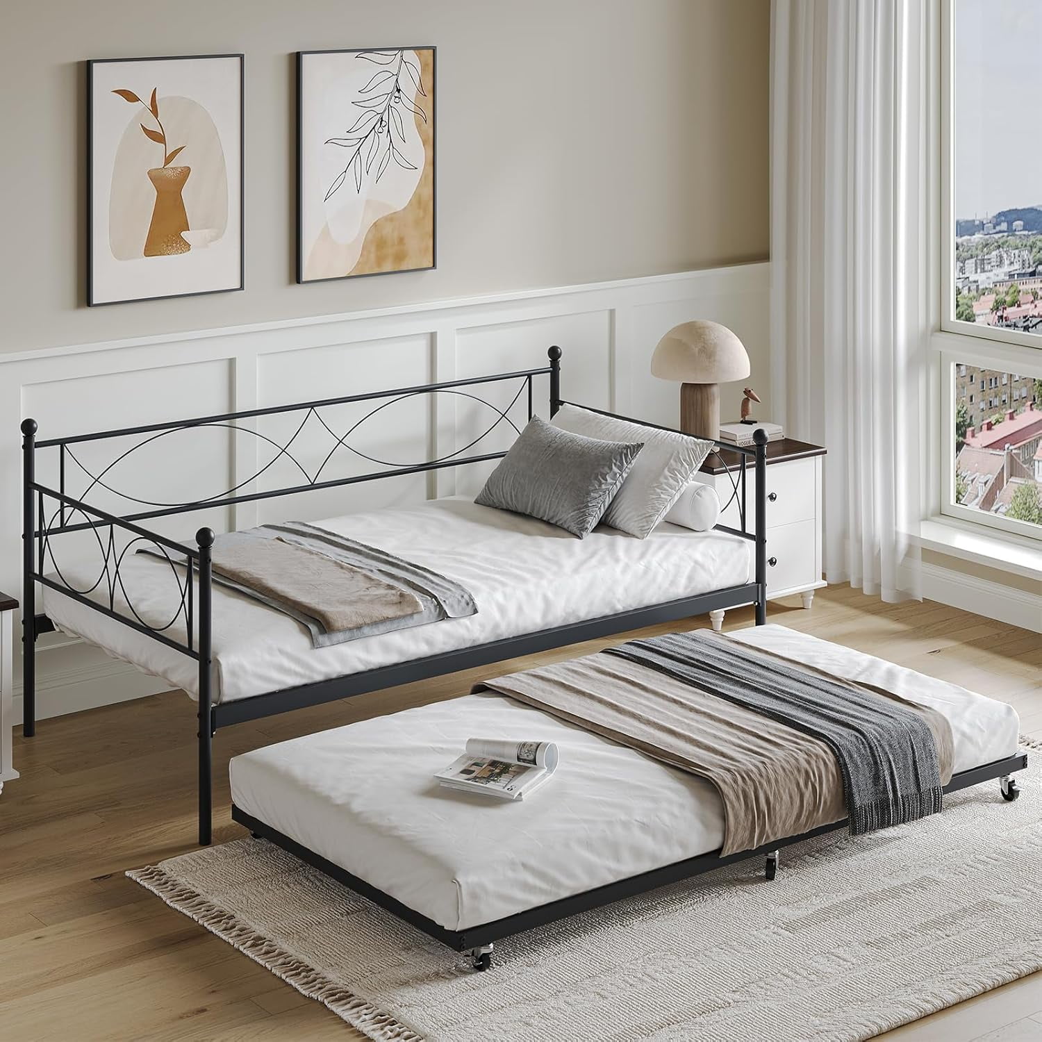 Senfot Twin Daybed with Trundle, Pull Out Trundle Day Bed, Twin