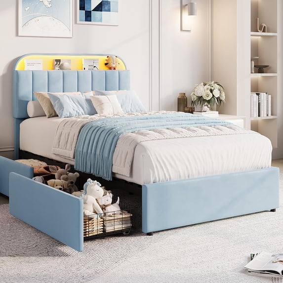 Senfot Twin Extra Long Velvet Upholstered Platform Bed Frame, Storage ...
