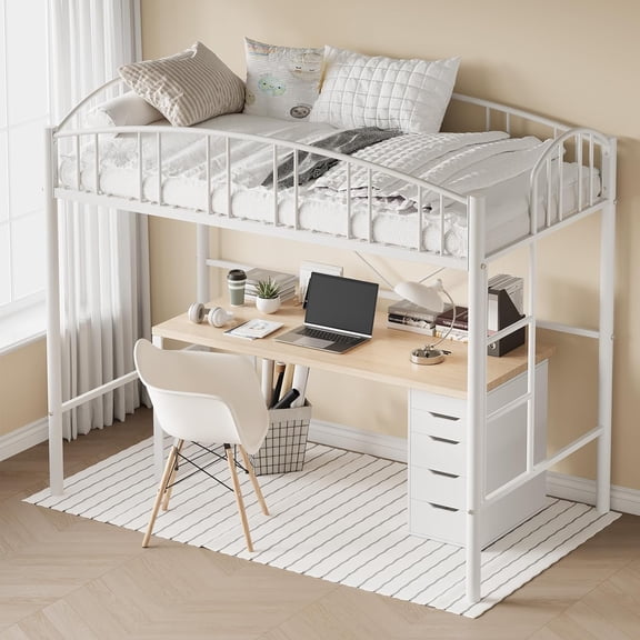Senfot Twin Loft Bed – Heavy Duty Metal Frame with Arched Guardrail & Safety Ladder, Space-Saving,White