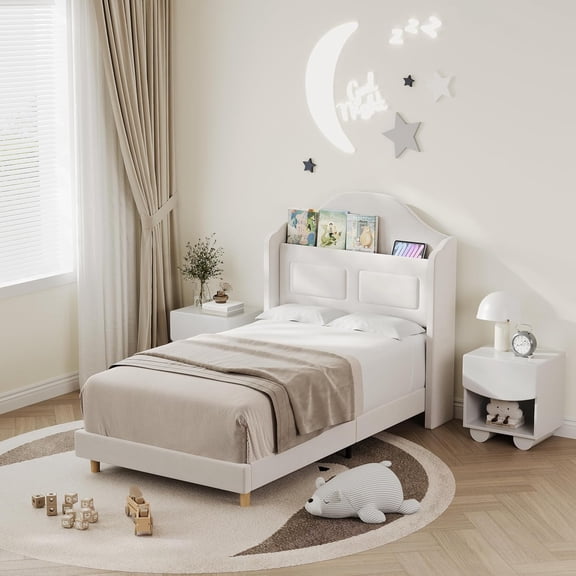 Senfot Twin Size Bed Frame with Headboard, Built-in LED Lights, Velvet Upholstered Platform Bed with Wing Back, Easy Assembly, No Box Spring Needed,Noise Free, Beige