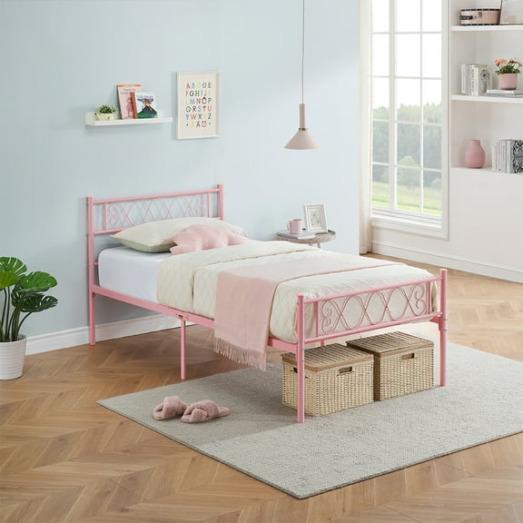 Senfot Twin Size Bed Frame, Metal Platform Bed Frame with Headboard and Footboard, Strong Metal Slats Support, Under Bed Storage, No Box Spring Needed, Easy Assembly, Pink