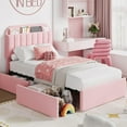 thumbnail image 1 of Senfot Twin Size Bed Frame with Storage Headboard, Bed Frame with 2 Drawers, Boucle Upholstered Platform Bed with Bookcase, Easy Assembly, No Box Spring Needed,Pink, 1 of 9