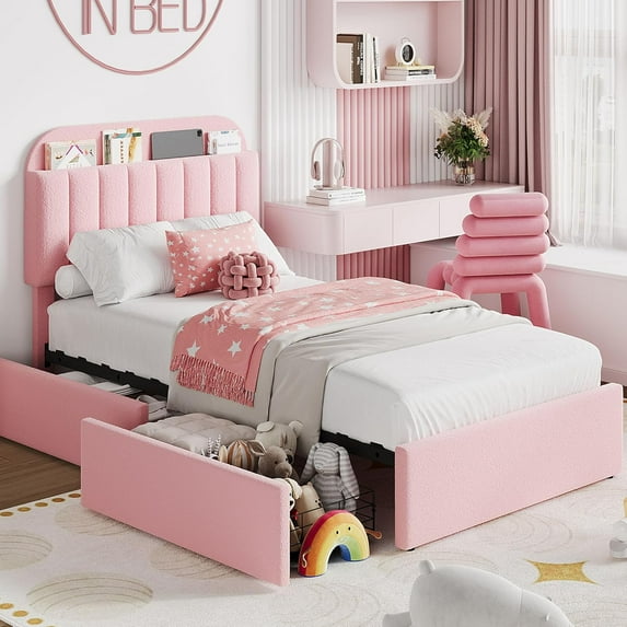 Senfot Twin Size Bed Frame with Storage Headboard, Bed Frame with 2 Drawers, Boucle Upholstered Platform Bed with Bookcase, Easy Assembly, No Box Spring Needed,Pink