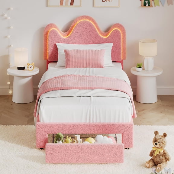 Senfot Twin Size Bed Frames,Lamb Velvet Twin Cute Platform Bed Frame for Girls, Boys,Sturdy Platform Bed, Wooden Slats, No Box Spring Needed, LED Light, Noise Free,Pink