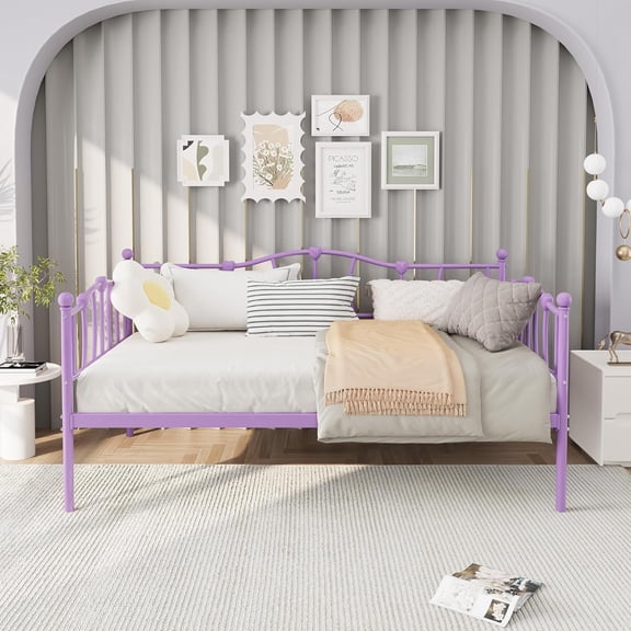 Senfot Twin Size Daybed Frame, Metal Platform Sofa Bed with Stylish Headboard, Heavy Duty Steel Slat Support, Space Saving, No Box Spring Needed, Purple