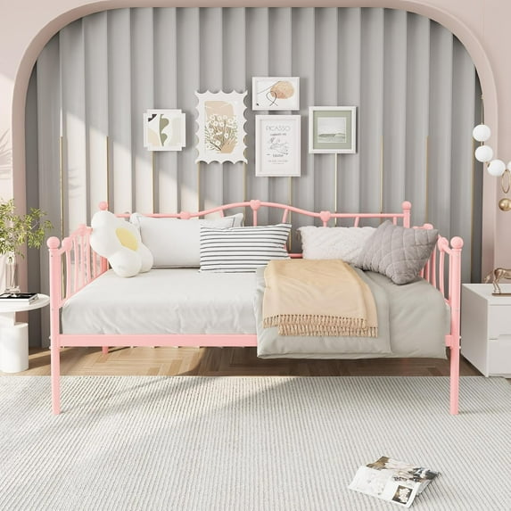 Senfot Twin Size Daybed Frame, Metal Platform Sofa Bed with Headboard, 12” Storage, No Box Spring Needed, Heavy Duty Steel Slats, Pink