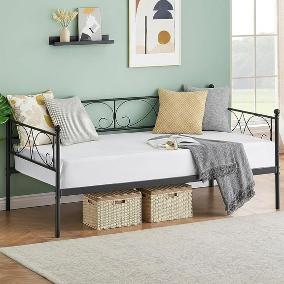 Senfot Twin Size Daybed Frame with Headboard, Heavy Duty Metal Slats, Mattress Foundation, Black, Space-Saving Sofa Bed for Bedroom