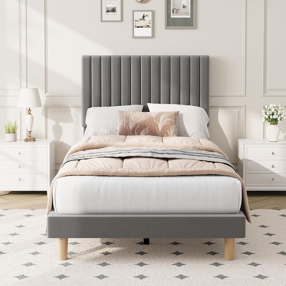 Senfot Twin Size Iron + MDF Tall Vertical Stripe Bed Frame, Light Gray Upholstered Bed with Modern Design, No Box Spring Needed, Sturdy Construction for Bedroom